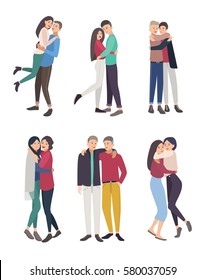 happy friends hug set. guys and girls cuddling, colorful flat illustration.