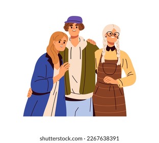 Happy friends hugging. Young smiling man, women embracing. People standing together, portrait. Support and love in friendship concept. Flat graphic vector illustration isolated on white background