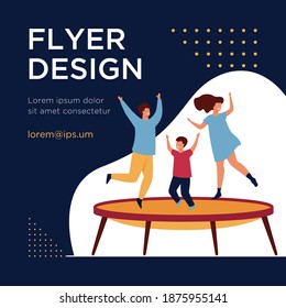 Happy friends jumping on trampoline flat vector illustration. Cartoon people having fun and bouncing in amusement park. Friendship and entertainment concept