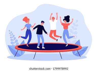 Happy friends leaping and having active fun time in park. Young girls and guys jumping on trampoline. For entertainment, leisure, funny outdoor activity, friendship concept