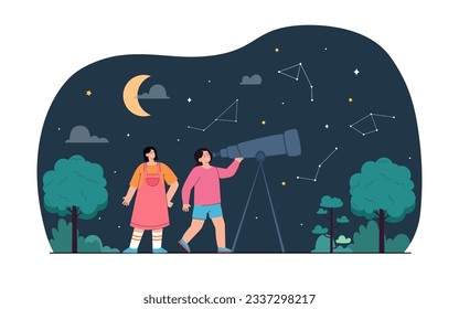 Happy friends looking at stars at night vector illustration. Girls stargazing outdoors, using telescope, learning astronomy and watching stars fall. Astronomy, science, imagination concept
