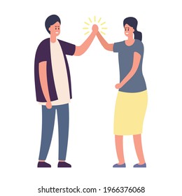 Happy friends man and woman giving high five. cheerful people informal greeting, expression joy in agreement characters. High five, man and woman isolated on white