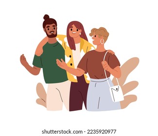 Happy friends, man and women walking, talking, hugging. People going and speaking together. Smiling male and female characters chatting. Flat vector illustration isolated on white background