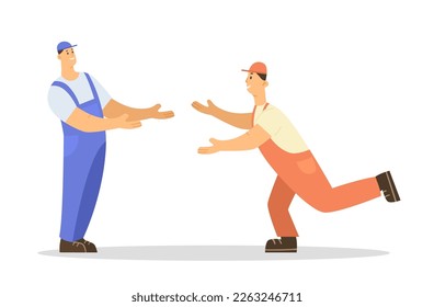 Happy friends meeting flat vector illustration. Cartoon coworkers or builders in uniform running towards each other to hug isolated on white background. Friendship, happiness, love concept