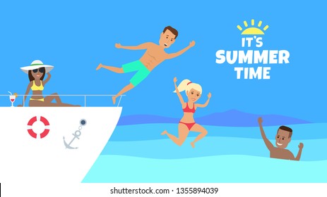 Happy Friends Men And Women Jumping Diving In  Water From Yacht Boat Summer Time