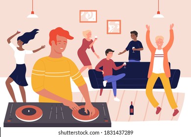 Happy friends musical party with DJ vector illustration. Cartoon young hipster DJ character mixing modern digital music on turntables equipment, people dancing, drinking wine at home party background