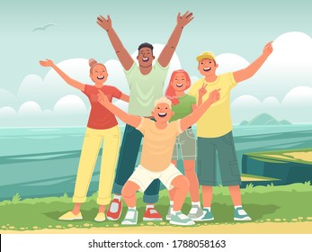 Happy friends on a journey to the sea. Selfie of teenagers on the background of the ocean. Cheerful trip of young people on vacation. Vector illustration in flat style