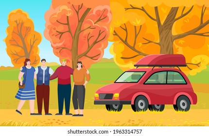 Happy friends are on large glade in autumn forest on weekend trip to nature, land area with yellow grass and trees. Warm season park zone with group of people traveling by car. Travel, adventure time