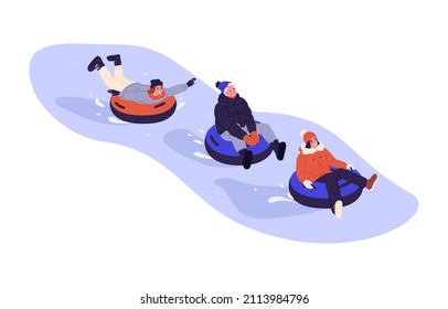 Happy friends on snow tubings sliding down slope together. Young people having fun on winter holidays outdoors. Wintertime leisure activity. Flat vector illustration isolated on white background