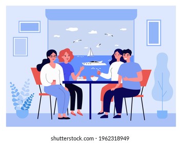 Amigos felices de vacaciones comiendo juntos. Parejas charlando en la mesa, lancha motora afuera de la ventana de la ilustración plana vectorial. Concepto de vacaciones, viajes para banner, diseño de sitio web o página web de aterrizaje