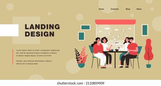 Happy friends on vacation having meal together. Couples chatting at table, motor boat outside window flat vector illustration. Holiday, voyage concept for banner, website design or landing web page