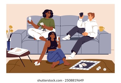 Amigos felices juegan juegos de mesa, juegos de cartas, fiesta de tonto en casa. Las Personas se divierten en el interior. Grupo de hombres y mujeres bebe alcohol, se comunica, pasa tiempo de ocio juntos. Ilustración vectorial plana