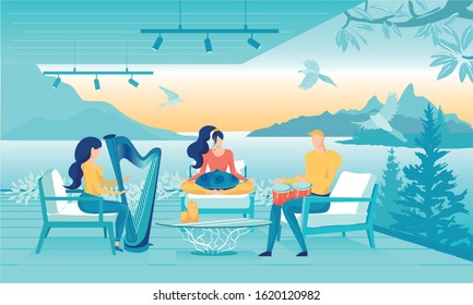 Happy Friends Play Musical Instruments on Terrace. One Girl Plays Harp, and Guy Plays Drums. Another Girl Sits in Chair in Lotus Position and Meditates. There is Peaceful Atmosphere around.