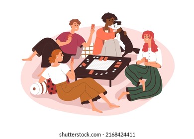 Happy friends playing board game at table together. Young men and women gathering for boardgame and relaxing. Fun leisure activity. Flat graphic vector illustration isolated on white background