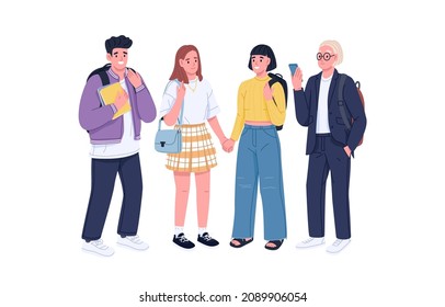 Happy friends portrait. Teenagers classmates standing together. Modern high school students. Boys and girls in casual clothes. Flat vector illustration of schoolchildren isolated on white background