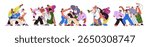 Happy friends posing together, set. Young people groups, teams standing for portrait photo, smiling, laughing with fun. Friendship concept. Flat vector illustration isolated on white background