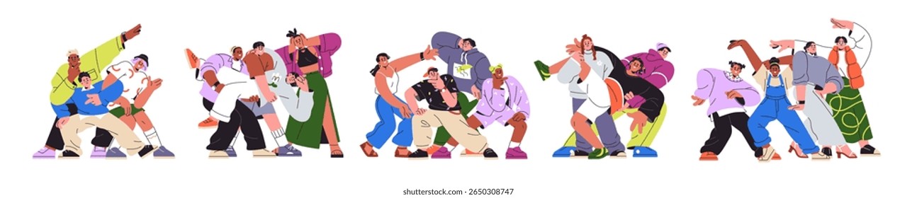 Amigos felizes posando juntos, pronto. Jovens grupos, equipes de pé para foto de retrato, sorrindo, rindo com diversão. Conceito de amizade. Ilustração de vetor plano isolada no plano de fundo branco
