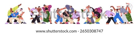 Happy friends posing together, set. Young people groups, teams standing for portrait photo, smiling, laughing with fun. Friendship concept. Flat vector illustration isolated on white background