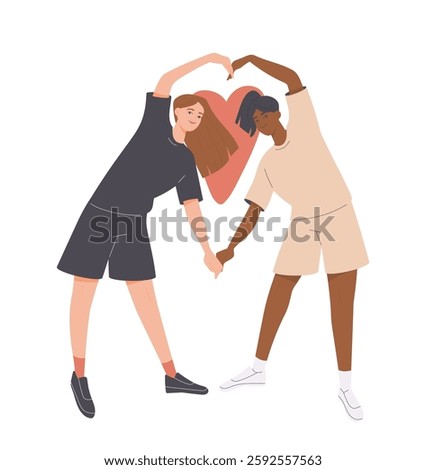 Happy friends posing together. Smiling girls friends making heart gesture and posing for camera for photo. Teenagers having fun and taking pictures. Flat vector illustration isolated on background