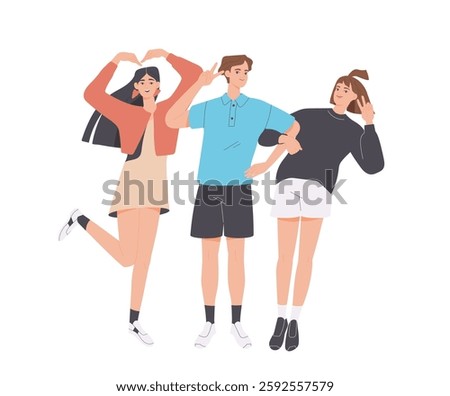 Happy friends posing together. Smiling group of people, colleagues or family standing together, showing different gestures and taking photos. Flat vector illustration isolated on background