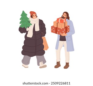 Happy friends prepare for New Year. Couple carries Christmas tree, heap of gift boxes. Young woman and man rejoice at Xmas. Preparation for winter holidays. Flat isolated vector illustration on white