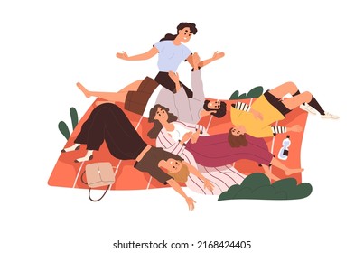 Happy friends relaxing on picnic blanket together. Young people resting, having fun outdoors at leisure time on summer holidays, weekend. Flat vector illustration isolated on white background
