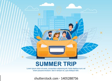 Happy Friends Ride Car on Journey Illustration. Cartoon People Characters in Auto over Cityscape with Skyscrapers. Summer Trip Lettering Flat Motivational Banner. European Tour. Exciting Adventure