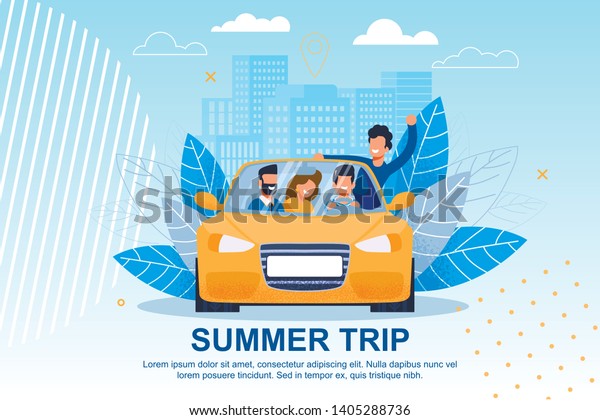 Happy Friends Ride Car on Journey Illustration.\
Cartoon People Characters in Auto over Cityscape with Skyscrapers.\
Summer Trip Lettering Flat Motivational Banner. European Tour.\
Exciting Adventure