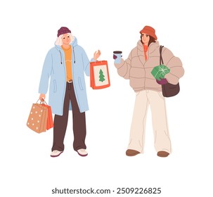 Happy friends shopping Christmas gifts together. Young women prepare for Xmas. Persons hold bags with New Years presents. Preparation for winter holidays. Flat isolated vector illustration on white