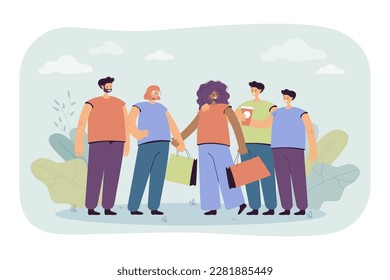 Happy friends shopping together vector illustration. Cartoon drawing of women with shopping bags, group of people standing together. Shopping, communication, community, diversity, sale concept