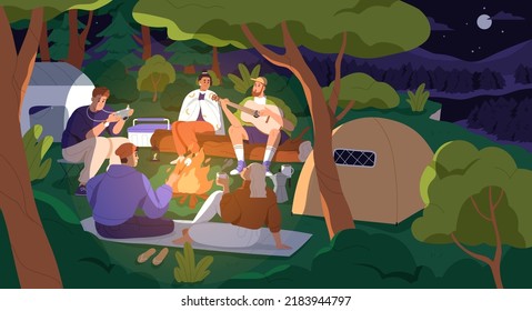 Happy friends sitting around bonfire at night camp, picnic. People with guitar at campsite in nature. Men and women at campfire near tents in campground on summer holiday. Flat vector illustration