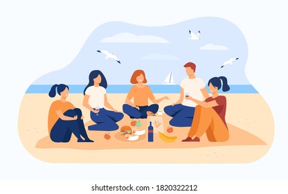 Happy friends sitting on beach, eating and drinking wine. Group of young people meeting for picnic and having lunch by sea. Vector illustration for summer party, having fun, friendship concepts