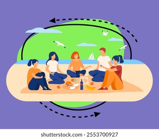 Happy friends sitting on beach, eating and drinking wine. Group of young people meeting for picnic and having lunch by sea. Vector illustration for summer party, having fun, friendship concepts