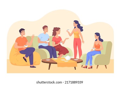 Happy friends sitting at table and drinking tea in living room. Group men and women gathering at home on weekend flat vector illustration. Communication, celebration, birthday, friendship concept