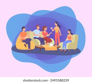 Happy friends sitting at table and drinking tea in living room. Group men and women gathering at home on weekend flat vector illustration. Communication, celebration, birthday, friendship concept