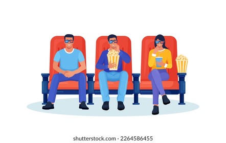 Happy friends sitting and watching 3d movie or motion picture in cinema. Red comfortable armchairs for watching film. Popcorn and soda drinks. Auditorium and seats in movies theater