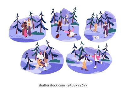 Amigos felices patinan en pista de hielo, se deslizan con trineo al aire libre. Las Personas se divierten, se regocijan del invierno. Parejas, hombres y mujeres pasean perros, esquian en el parque de nieve. Ilustración vectorial aislada plana sobre fondo blanco