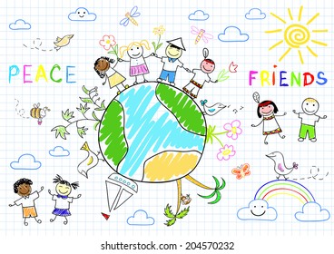 Happy friends. Sketch on notebook page