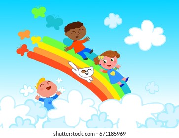 Happy friends sliding on rainbow in the sky, vector illustration