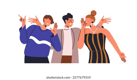 Happy friends speaking, gossiping, laughing together at festive party. Joyful young people, youth celebrating, gesturing, enjoying hangout. Flat vector illustration isolated on white background