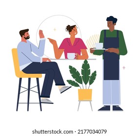 Happy friends spend time together. Meeting at cafe. Man and woman diverse group, drinking coffee. Flat vector illustration