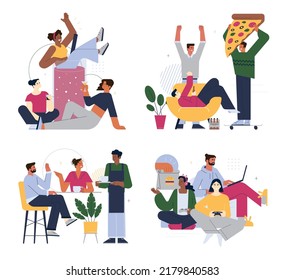 Happy friends spend time together. Party or meeting at cafe, bar or with a delivery. Man and woman diverse group, drinking or eating. Flat vector illustration