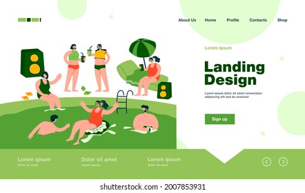 Happy friends spending leisure time at swimming pool on vacation. People in swimwear having fun at summer party. Vector illustration for outdoor hotel bar, activity, celebration, youth concept