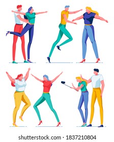 Happy Friends Spending Time Together Having Fun Flat Cartoon Vector Illustration. Man Hugging Woman, Girls Jumping from Happiness, Female and Male Characters Taking Photos Using Selfie Stick.