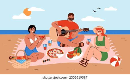 Happy friends spending time together at picnic on seashore. Young man playing guitar and women eating and drinking on sandy beach. Flat vector illustration.