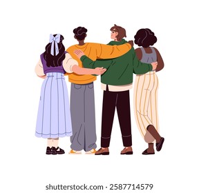 Happy friends stand together back view. Group, people hug, love, support backside. Diverse men, girls embrace. International friendship, teamwork concept. Flat isolated vector illustration on white