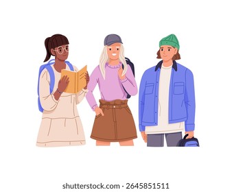 Happy friends stand together. Diverse students of high school with backpacks. Children, girls and boys are classmates. Group of pupils, kids. Flat isolated vector illustration on white background