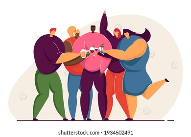 Happy friends standing and Drinking together isolated flat vector illustration. Cartoon characters celebrating holiday with alcohol cocktails. Friendship and celebration concept