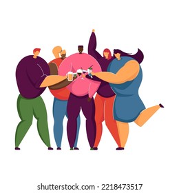 Happy friends standing and Drinking together isolated flat vector illustration. Cartoon characters celebrating holiday with alcohol cocktails. Friendship and celebration concept