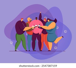 Happy friends standing and Drinking together isolated flat vector illustration. Cartoon characters celebrating holiday with alcohol cocktails. Friendship and celebration concept